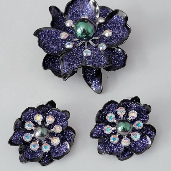 Stunning Purple Joan Rivers Floral Statement Brooch and Earring Set - Picture 2 of 9